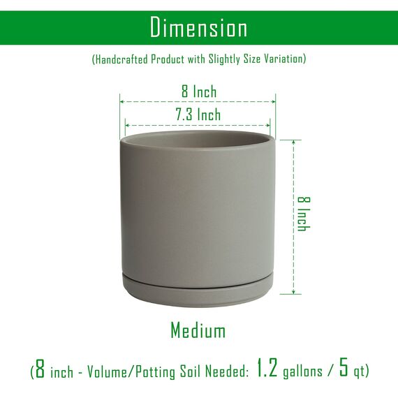 D'vine Dev 94-O-D-3 Keramik-Blumentopf mit Ablaufloch und Untersetzer, zylinderförmig, runder Blumentopf für den Innenbereich, Grau, 20,3 cm