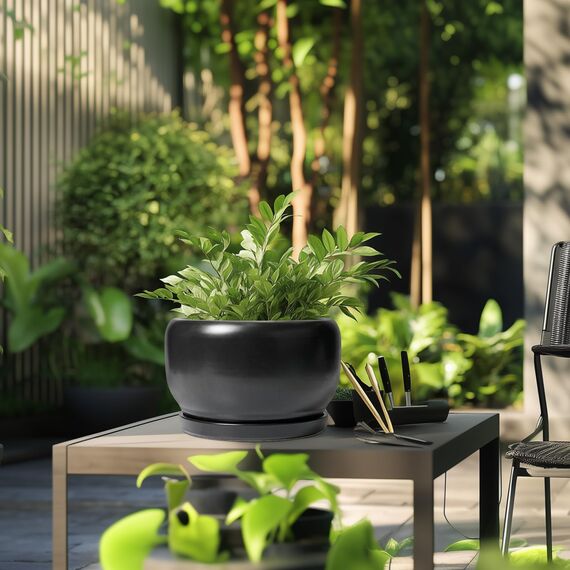 SQOWL Keramik-Blumentopf, 25,4 cm, Übertopf mit Ablaufloch und Untersetzer, moderner großer Pflanztopf für drinnen und draußen, dekorativer runder Übertopf, Schlafzimmerdekoration, Geschenke für