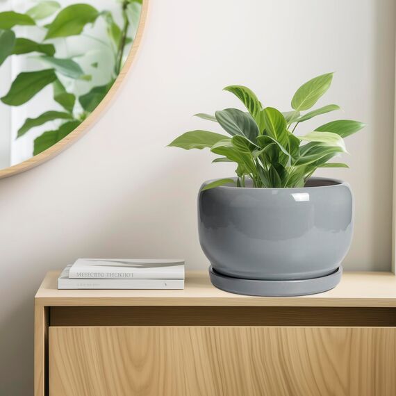 SQOWL 25,4 cm großer Blumentopf – Keramik-Übertopf für Zimmerpflanzen, runder Keramik-Blumentopf mit Ablaufloch und Untersetzer, moderner großer Outdoor-Pflanzgefäß, Raumdekoration