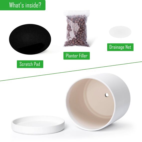 D'vine Dev 94-O-G-1 Keramik-Blumentopf mit Ablaufloch und Untersetzer, zylinderförmig, runder Blumentopf für den Innenbereich, Weiß, 35,6 cm