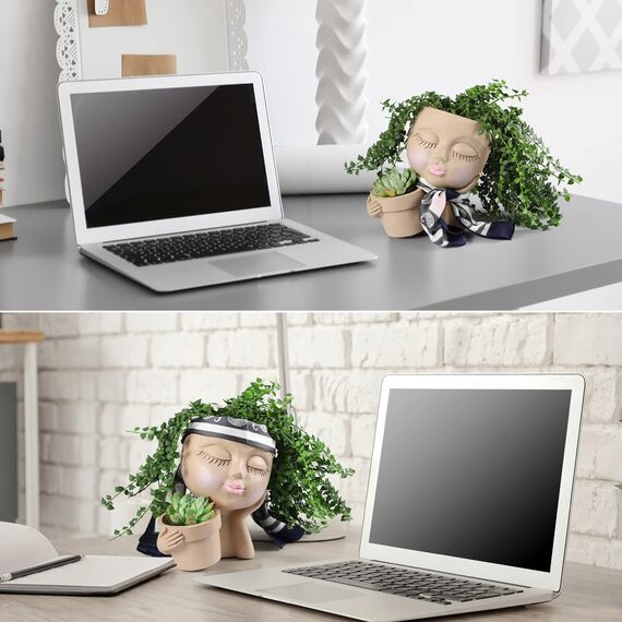 WEWEOW Gesichts-Übertopf – Doppel-Blumentöpfe in einem für Innen- und Außenbereich, Kunstharz-Kopf-Pflanzgefäß mit Drainageloch, niedliches Damengesicht