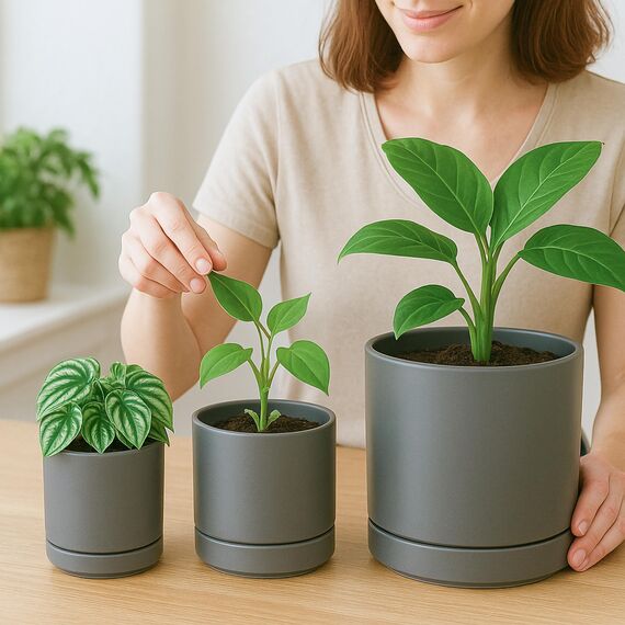 D'vine Dev 94-T-S-3 Runde Keramik-Übertöpfe mit Ablaufloch und Untersetzer, 7,6 cm, 10,2 cm und 15,2 cm, Grau, 3 Stück