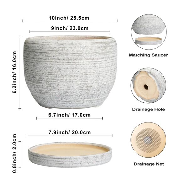 SQOWL Blumentopf aus Keramik, 25,4 cm, mit Ablaufloch und Untersetzer, dekorativer Blumentopf für Innen- und Außenbereich, runder Übertopf, gebürstetes Grau