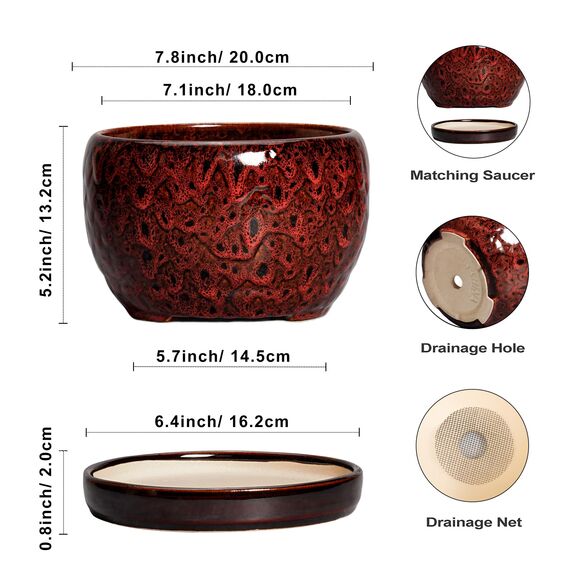 SQOWL Keramik-Blumentöpfe – 20,3 cm Übertopf mit Ablaufloch und Tablett, runder Keramik-Pflanztopf für drinnen und draußen, moderner dekorativer Blumentopf, Heimdekoration, Pflanzenliebhaber