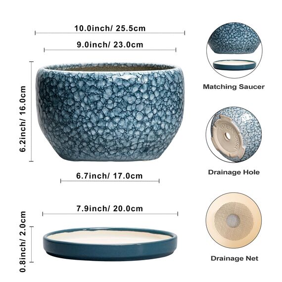 SQOWL Keramik-Pflanzgefäß – 25,4 cm Pflanztopf für den Innenbereich mit Ablaufloch und Untersetzer, dekorative Blumentöpfe für den Außenbereich, Keramik-Pflanztöpfe, großer runder Übertopf