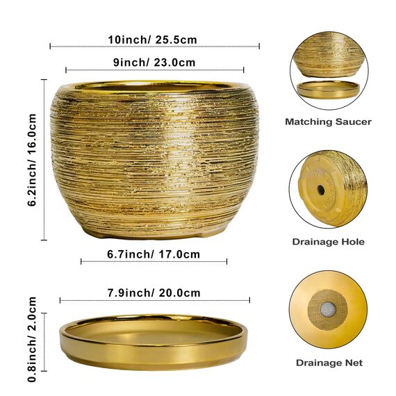 SQOWL Keramik-Übertopf für Zimmerpflanzen - 25,4 cm Pflanztopf mit Drainageloch und Untersetzer, moderner runder Übertopf für den Außenbereich, großer dekorativer Blumentopf, Wohnungsdekoration
