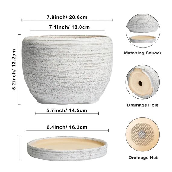 SQOWL Keramik-Übertopf – 20,3 cm großer Blumentopf für Innen- und Außenbereich, runder Keramik-Pflanztopf mit Ablaufloch und Untersetzer, gebürstetes Grau