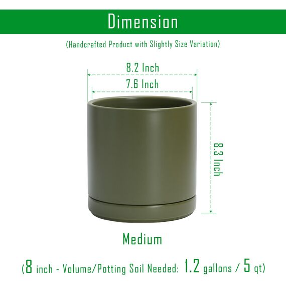 D'vine Dev 20,3 cm Keramik-Pflanztopf mit Ablaufloch und Untersetzer, Zylinder, runder Pflanztopf für den Innenbereich, Olivgrün, 94-O-D-J