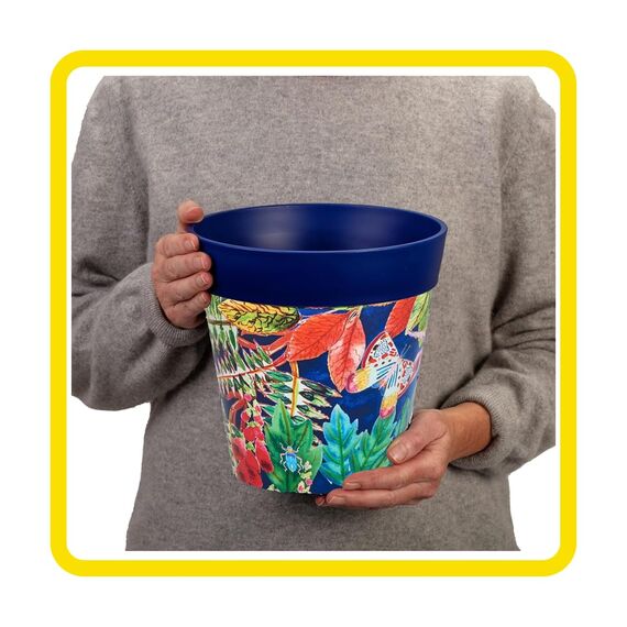 Hum Flowerpots, 22 cm, 3er-Set, in Verschiedenen Farben und Mustern, Blumentöpfe aus Kunststoff für Drinnen und Draußen, Blaue Blätter