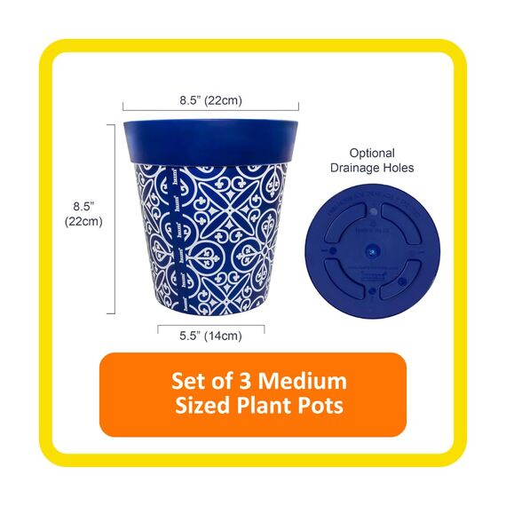 Hum Flowerpots, 22 cm, 3er-Set, in Verschiedenen Farben und Mustern, Blumentöpfe aus Kunststoff für Drinnen und Draußen, Blau Marokkanisch