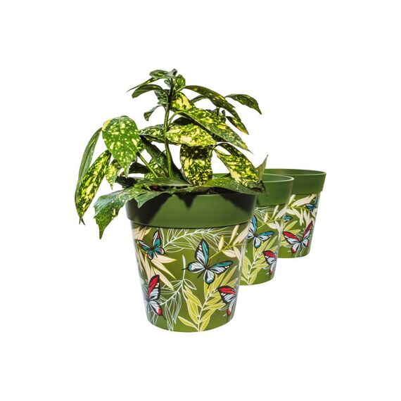 Hum Flowerpots, 22 cm, 3er-Set, in Verschiedenen Farben und Mustern, Blumentöpfe aus Kunststoff für Drinnen und Draußen, Schmetterlinge Grün