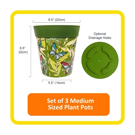 Hum Flowerpots, 22 cm, 3er-Set, in Verschiedenen Farben und Mustern, Blumentöpfe aus Kunststoff für Drinnen und Draußen, Schmetterlinge Grün