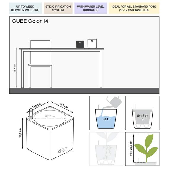 LECHUZA CUBE Color 14 13385 Kräutertopf, Hochwertiger Kunststoff, Inkl. Stick-Bewässerungssystem, für Innenraumbegrünung geeignet, limettengrün