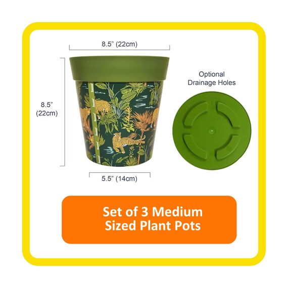 Hum Flowerpots, 22 cm, 3er-Set, in Verschiedenen Farben und Mustern, Blumentöpfe aus Kunststoff für Drinnen und Draußen, Grüner Dschungel