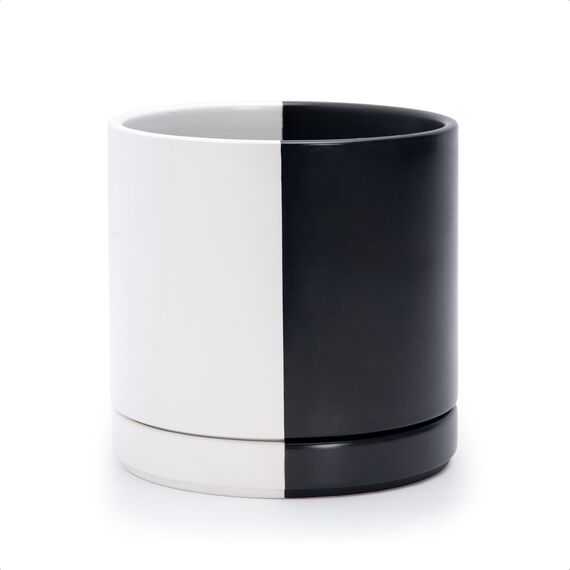 D'vine Dev 94-O-D-0 Keramik-Pflanztopf mit Ablaufloch und Untersetzer, zylinderförmig, rund, geteilt, einfarbig, Schwarz und Weiß, 21,6 cm