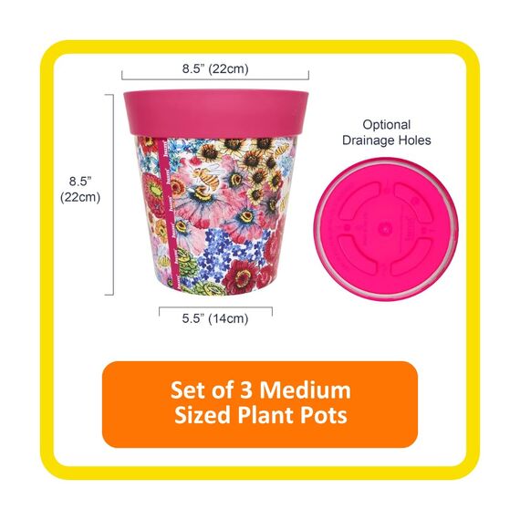 Hum Flowerpots, 22 cm, 3er-Set, in Verschiedenen Farben und Mustern, Blumentöpfe aus Kunststoff für Drinnen und Draußen, Mehrfarbiges Blumenmuster