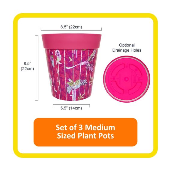 Hum Flowerpots, 22 cm, 3er-Set, in Verschiedenen Farben und Mustern, Blumentöpfe aus Kunststoff für Drinnen und Draußen, Rosa Papageien