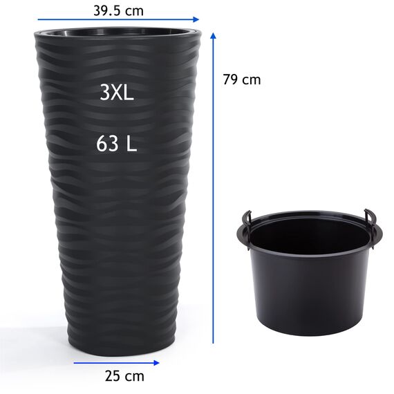 MELTOM Blumenkübel 3D Effekt Welle Slim Rund Einsatz Pflanzgefäß Set 3: XL XXL 3XL Anthrazit