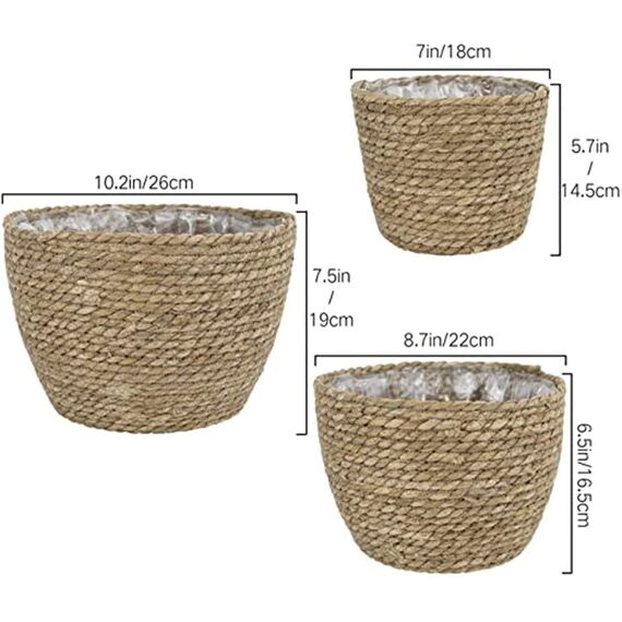 Sayiant Natürlicher Pflanzkorb handgewebter Blumentopf mit Liner Rattan Pflanzen gewebte Blumenkörbe, klein, mittel, groß, 2 Stück (3 Stück (s,m,l))