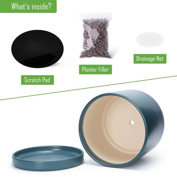 D'vine Dev 35,6 cm Keramik-Pflanztopf mit Ablaufloch und Untersetzer, Zylinder, runder Pflanztopf für den Innenbereich, Blaugrün, 94-O-G-9