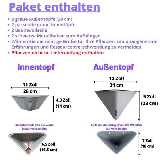 LaLaGreen Sukkulenten-Wand-Pflanzgefäße – 2 Stück, 30.5 cm groß, selbstbewässernd, Wandbehang, Pflanzgefäße für Zimmerpflanzen, graue Wandhalterung, schwarzer Metallaufhänger, wohnende Wanddekoration