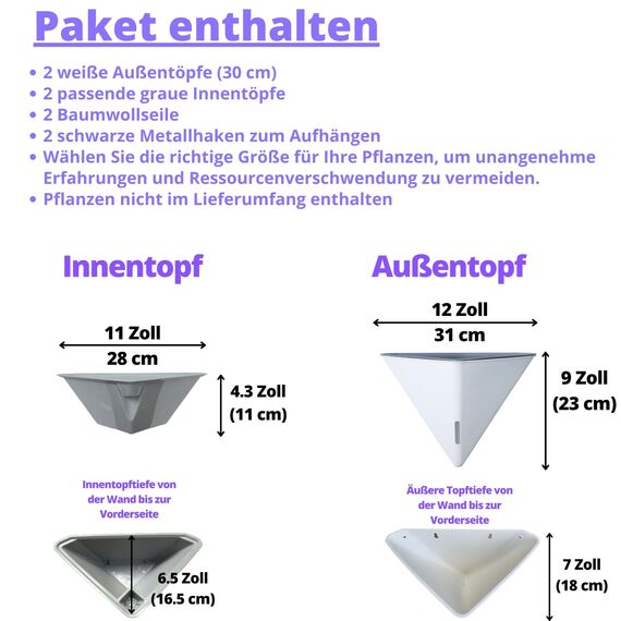 Wand-Pflanzgefäße für Zimmerpflanzen – 2 Stück, 30.5 cm groß, selbstbewässernder Wand-Pflanzgefäß, weiße, geometrische hängende Blumenvase, moderne stilvolle Wandmontage, Sukkulenten-Topflappen-Dekor