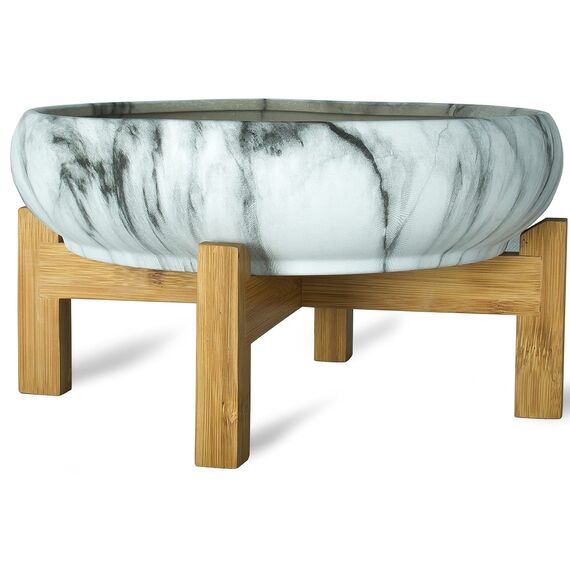 ARTKETTY Sukkulentententopf, großer Sukkulenten-Übertopf mit Drainage, runder Marmor-Bonsai-Topf Bambusständer, für Kaktuspflanzen Dekorative Blumen-Übertopf Schüssel Home Office, Weiß/Schwarz