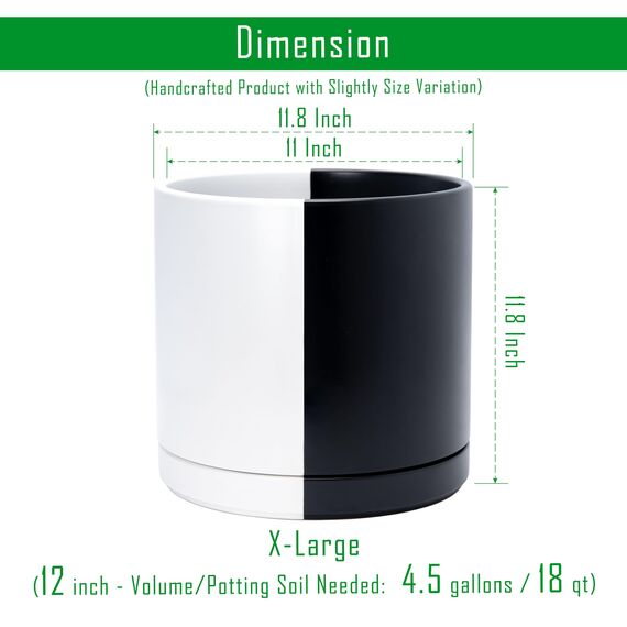 D'vine Dev 30,5 cm Keramik-Pflanztopf mit Ablaufloch und Untersetzer, zylinderförmig, rund, geteilt, einfarbig, Schwarz und Weiß, 94-O-F-0