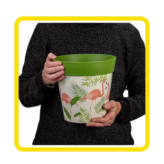 Hum Flowerpots, 22 cm, 3er-Set, in Verschiedenen Farben und Mustern, Blumentöpfe aus Kunststoff für Drinnen und Draußen, Flamingo grün