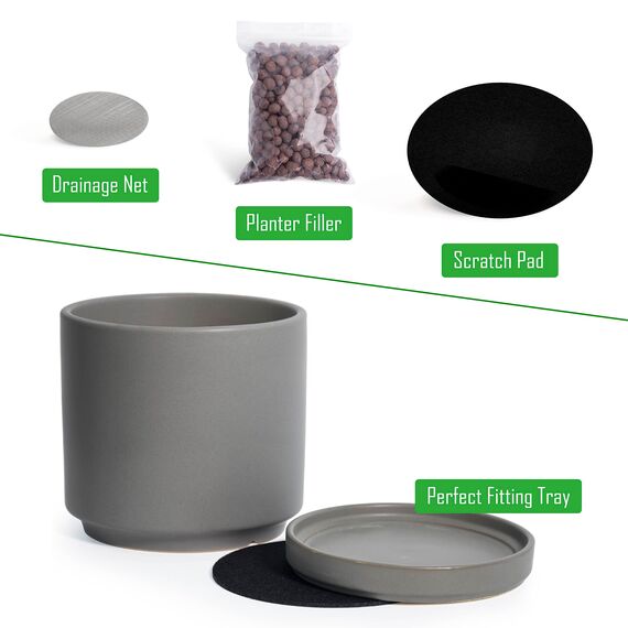 D'vine Dev 94-O-C-3 Keramik-Blumentopf mit Ablaufloch und Untersetzer, zylinderförmig, runder Blumentopf für den Innenbereich, Grau, 15,2 cm