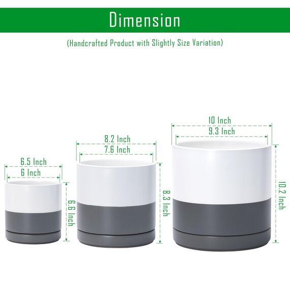 D'vine Dev 94-T-L-6 Runde Keramik-Pflanztöpfe mit Ablaufloch und Untersetzer, 15,2 cm, 20,3 cm und 25,4 cm, Weiß gesprenkelt Grau, 3 Stück