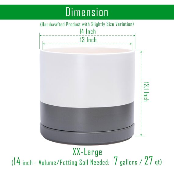 D'vine Dev 94-O-G-6 Keramik-Blumentopf mit Ablaufloch und Untersetzer, zylinderförmig, runder Blumentopf für den Innenbereich, Weiß/Grau gesprenkelt, 35,6 cm