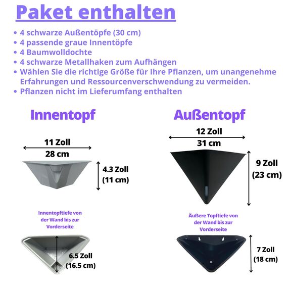 LaLaGreen Wand-Pflanzgefäße für Zimmerpflanzen – 4 Stück, 30,5 cm große, selbstbewässernde schwarze geometrische Blumenvase zum Aufhängen, Gefäß mit Metallaufhänger, modern, stilvoll, Wandmontage,