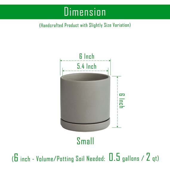D'vine Dev 94-O-C-3 Keramik-Blumentopf mit Ablaufloch und Untersetzer, zylinderförmig, runder Blumentopf für den Innenbereich, Grau, 15,2 cm