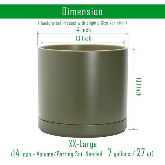 D'vine Dev 35,6 cm Keramik-Pflanztopf mit Ablaufloch und Untersetzer, Zylinder, runder Pflanztopf für den Innenbereich, Olivgrün, 94-O-G-J