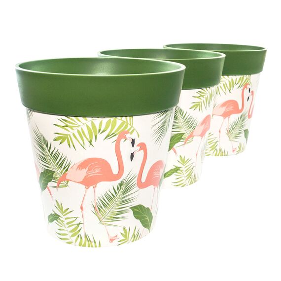 Hum Flowerpots, 22 cm, 3er-Set, in Verschiedenen Farben und Mustern, Blumentöpfe aus Kunststoff für Drinnen und Draußen, Flamingo grün