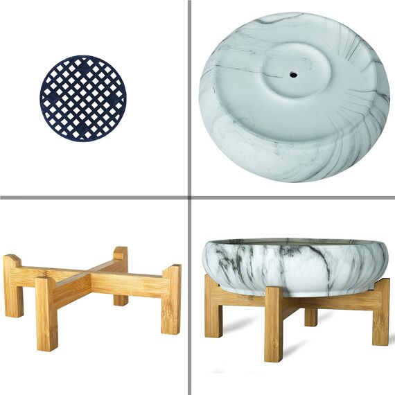 ARTKETTY Sukkulentententopf, großer Sukkulenten-Übertopf mit Drainage, runder Marmor-Bonsai-Topf Bambusständer, für Kaktuspflanzen Dekorative Blumen-Übertopf Schüssel Home Office, Weiß/Schwarz