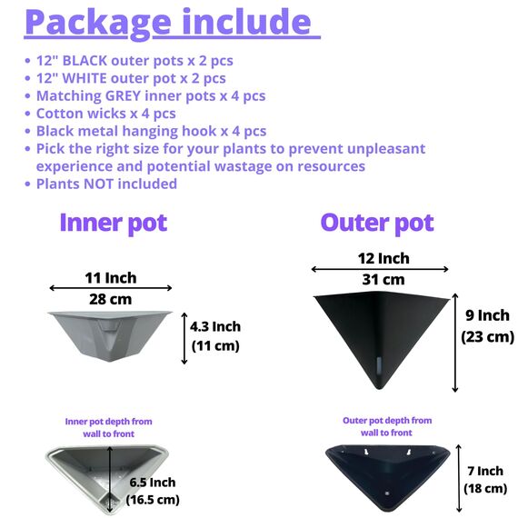 LaLaGreen Wand-Pflanzgefäße für Zimmerpflanzen, 4 Stück, 30,5 cm, groß, selbstwässernd, Schwarz und Weiß, gemischte Farben, geometrisch, vertikal, Garten, Wandbehang, Blumenvase, Gefäß mit