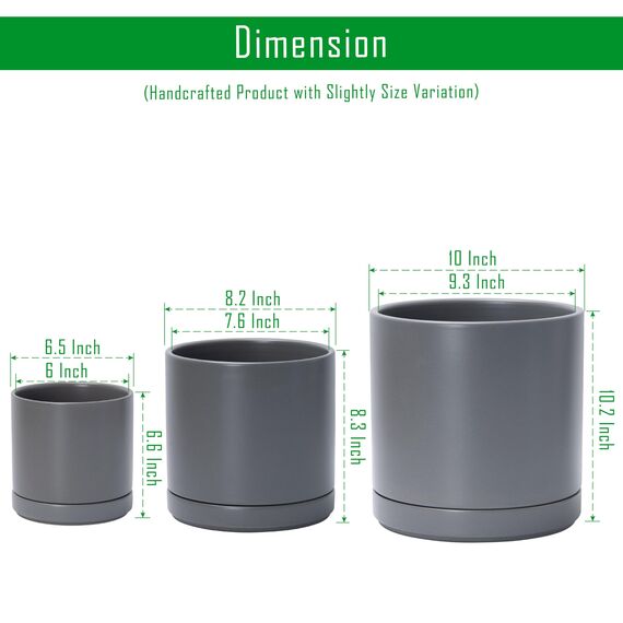 D'vine Dev 6 Zoll & 8 Zoll & 10 Zoll, Set mit 3 runden Keramik-Pflanztöpfen mit Ablaufloch und Untersetzer, grau, 94-T-L-3