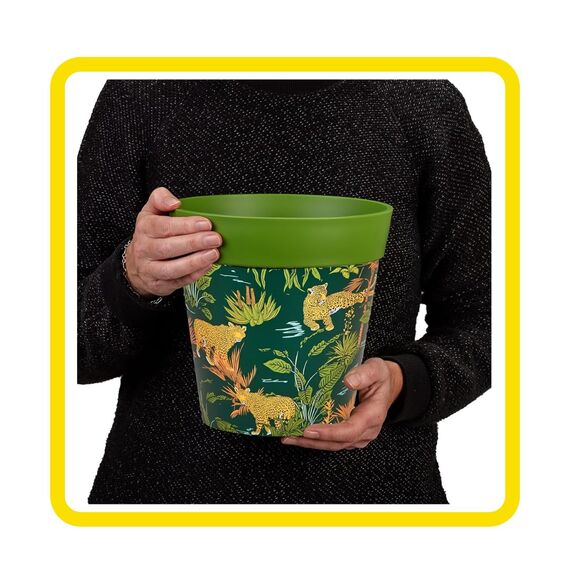 Hum Flowerpots, 22 cm, 3er-Set, in Verschiedenen Farben und Mustern, Blumentöpfe aus Kunststoff für Drinnen und Draußen, Grüner Dschungel