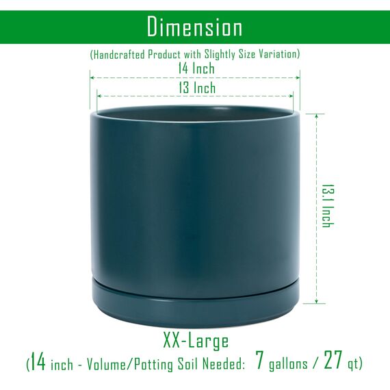 D'vine Dev 35,6 cm Keramik-Pflanztopf mit Ablaufloch und Untersetzer, Zylinder, runder Pflanztopf für den Innenbereich, Blaugrün, 94-O-G-9