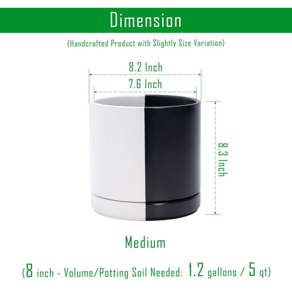 D'vine Dev 94-O-D-0 Keramik-Pflanztopf mit Ablaufloch und Untersetzer, zylinderförmig, rund, geteilt, einfarbig, Schwarz und Weiß, 21,6 cm