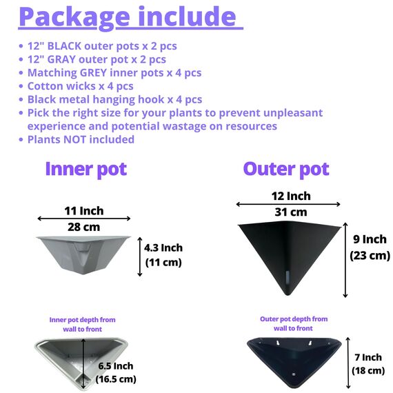LáLáGreen Wand-Pflanzgefäße – 4 Stück, 30,5 cm, groß, selbstbewässernd, schwarz und grau, gemischte Farben, geometrisch, vertikal, Garten, Wandbehang, Blumenvase, Gefäß mit schwarzem Metallaufhänger,