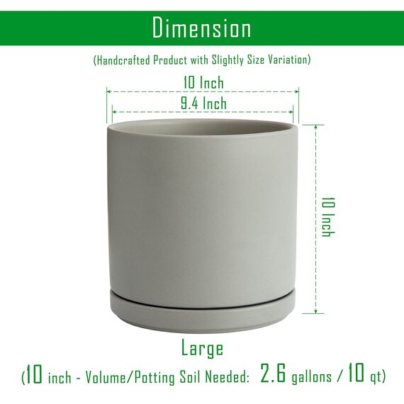 Keramik-Übertopf mit Ablaufloch und Untersetzer, Indoor Zylinder, runder Blumentopf 25,4 cm, grau, 94-O-L-3