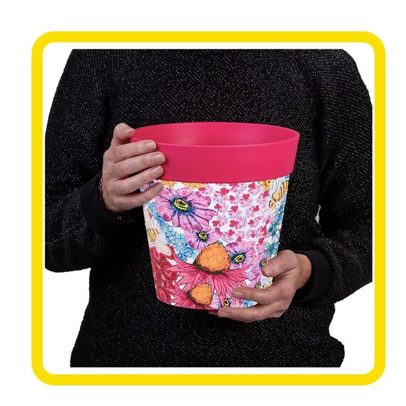 Hum Flowerpots, 22 cm, 3er-Set, in Verschiedenen Farben und Mustern, Blumentöpfe aus Kunststoff für Drinnen und Draußen, Rosa Blumen und Bienen