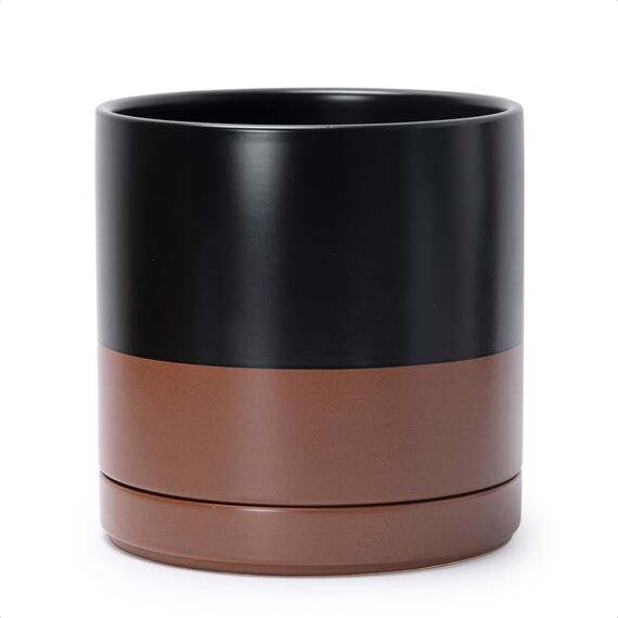 D'vine Dev 94-O-E-7 Keramik-Blumentopf mit Ablaufloch und Untersetzer, zylinderförmig, runder Blumentopf für den Innenbereich, Schwarz/Hellbraun gesprenkelt, 25,4 cm