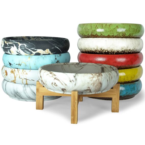 ARTKETTY Sukkulentententopf, großer Sukkulenten-Übertopf mit Drainage, runder Marmor-Bonsai-Topf Bambusständer, für Kaktuspflanzen Dekorative Blumen-Übertopf Schüssel Home Office, Weiß/Schwarz