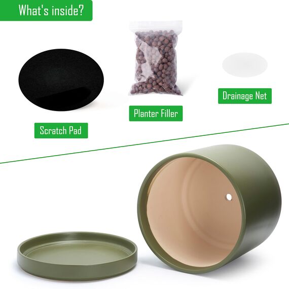 D'vine Dev 35,6 cm Keramik-Pflanztopf mit Ablaufloch und Untersetzer, Zylinder, runder Pflanztopf für den Innenbereich, Olivgrün, 94-O-G-J