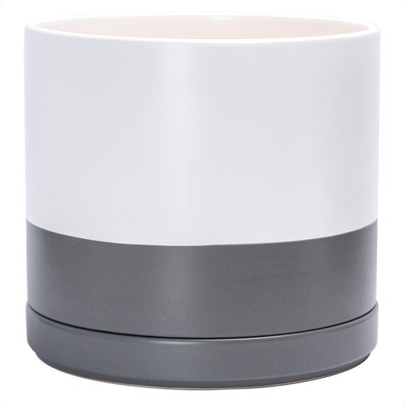 D'vine Dev 94-O-G-6 Keramik-Blumentopf mit Ablaufloch und Untersetzer, zylinderförmig, runder Blumentopf für den Innenbereich, Weiß/Grau gesprenkelt, 35,6 cm