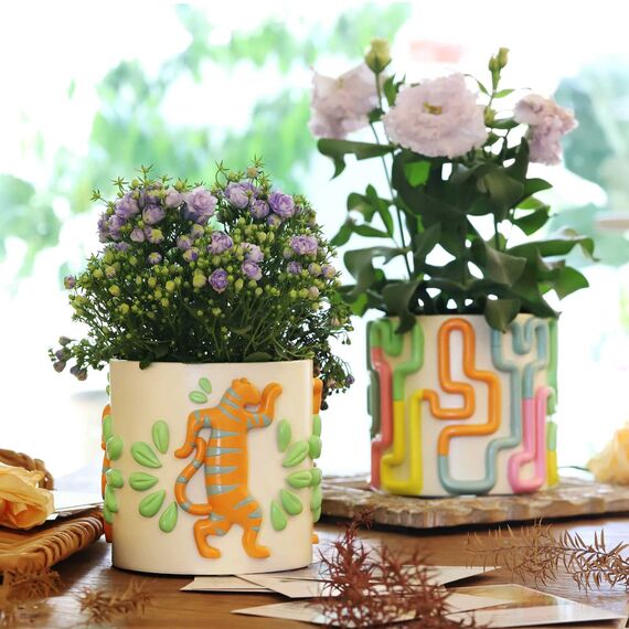 GUGUGO Blumentopf Übertöpf 12cm, Sukkulenten Topf, Kakteen Topf, Übertöpfe für Zimmerpflanzen, Kaktus Pflanze Töpfe, Blumentöpfe Pflanzentopf für Büro Garten Wohnzimmer Modern Deko (Linien, ø 12 cm)